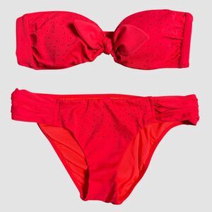 Victoria’s Secret Bandeau Strapless Red Embellished Bikini Set Top M Bottom S